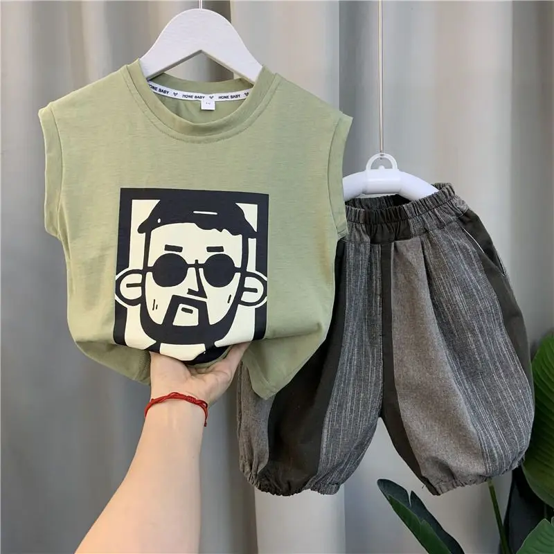 

Boys Clothing Summer New 2023 Kids Vest Fashion Casual Cartoon Pattern Printed Sleeveless Round Neck Trend Thin Sets Two Pieces