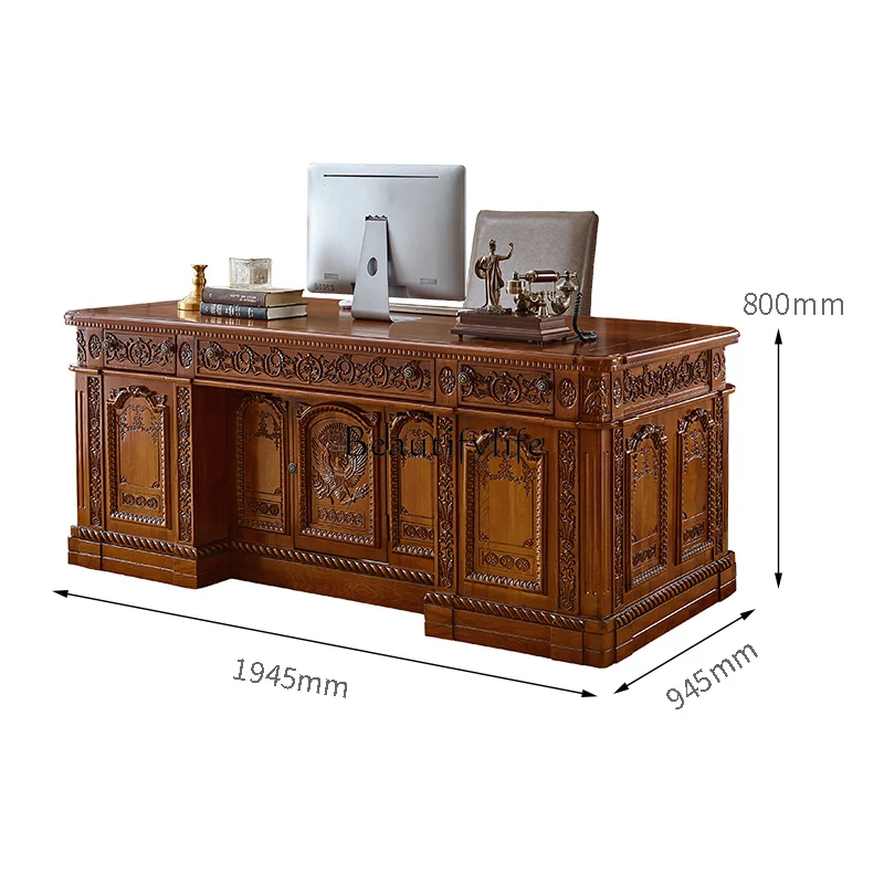 Grand Bureau en Bois Massif Blanc de Luxe, Style Américain, Européen, Président