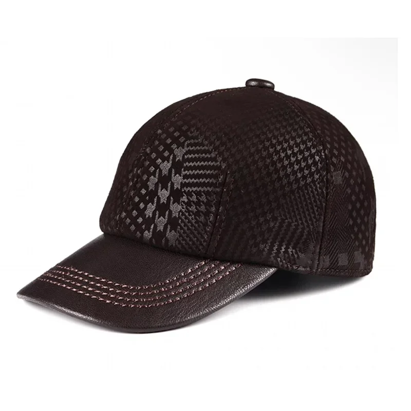 2026 Spring/Winter Man Genuine Leather Print Baseball Caps Male Casual Sheepskin  55-60 Adjustable Warm Sprot Flight Hats
