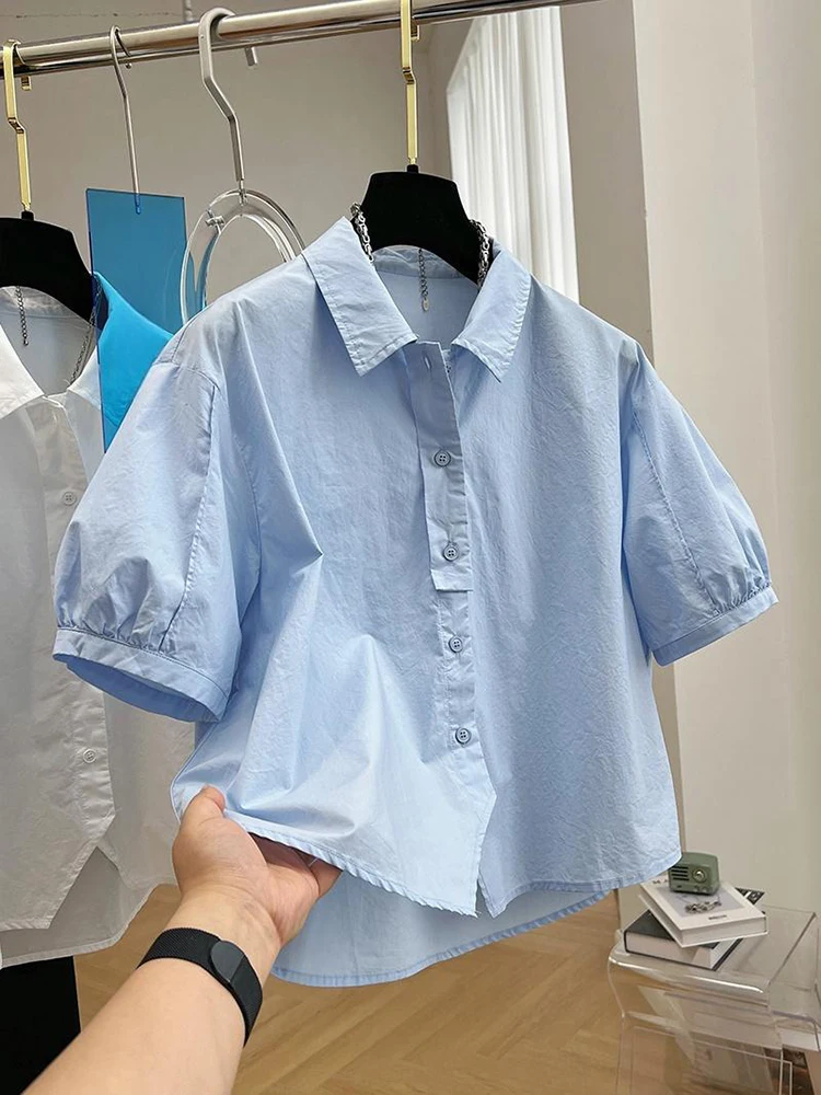 2024 Spring/Summer Korean New Preppy Style Bubble Sleeve Shirt Vintage Top Fashion Casual Loose Short Shirt