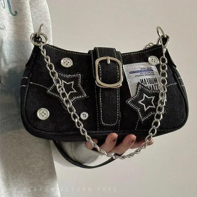 Y2k-Bolso de mano con estampado de estrellas para mujer, bandolera pequeña de lona con cadena, a la moda