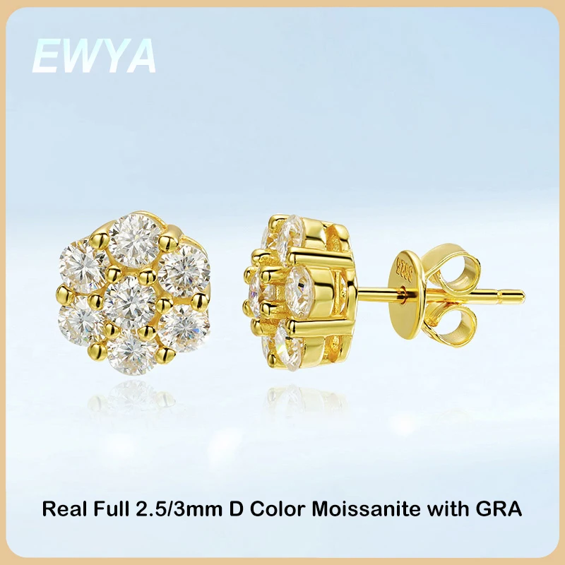 EWYA 7 스톤 플라워 풀 2.5 3mm D 컬러 모이사나이트 스터드 귀걸이 여성용, 실버 925 도금, 18K GRA 인증 파티 귀걸이 