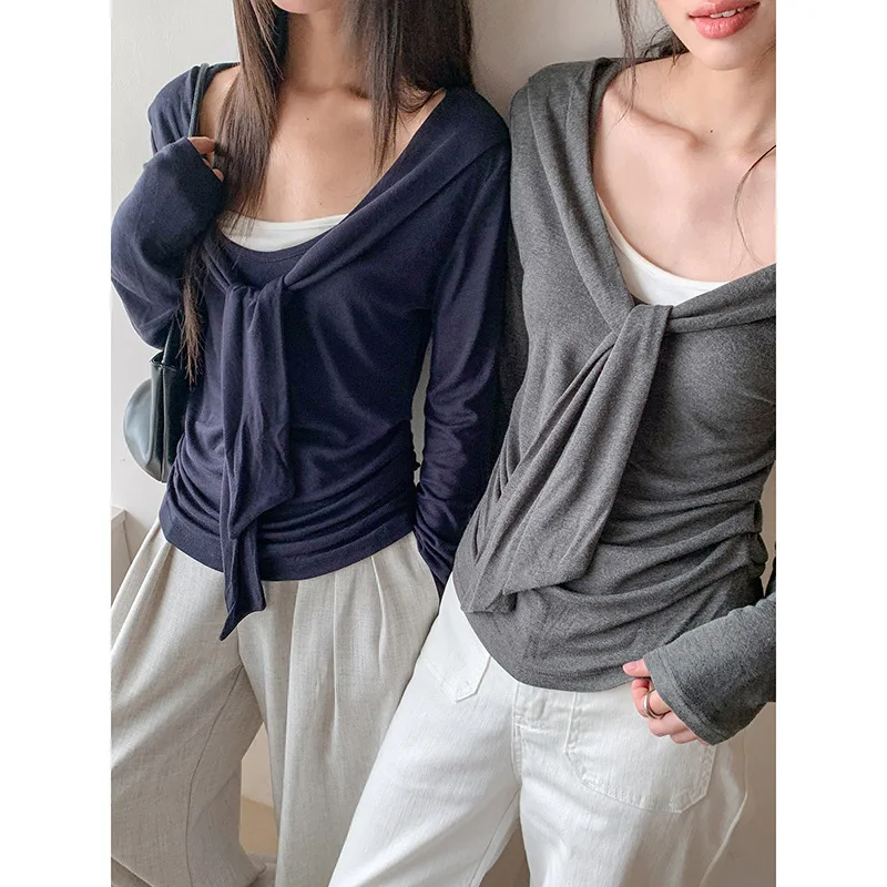 

Autumn Korean Fashion Swing Fake Two Piece Y2k Aesthetic Pleated Office Lady Woment Shirts High Street Lazy French Punk Clothes