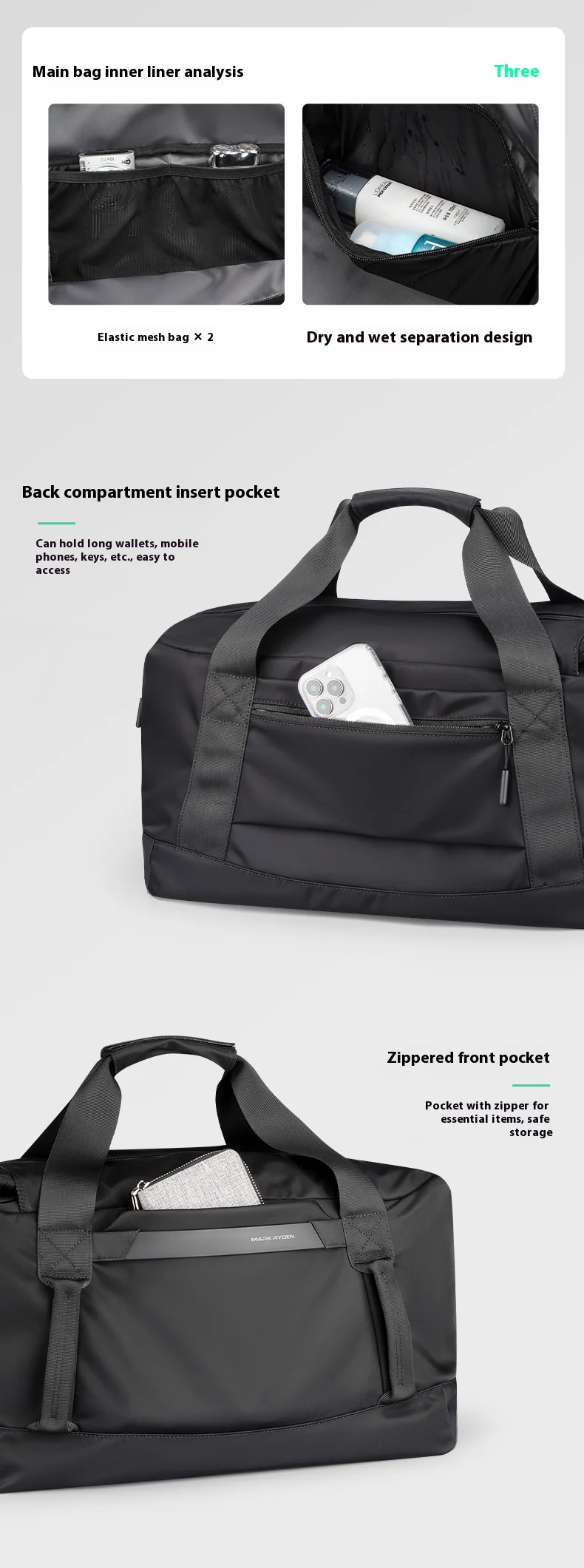 Mark Ryden 30L Wasserdichte Reisetasche – 3-in-1 Konvertierbare Reisetasche für Herren & Damen mit Trocken-Nass-Trennung – Detail 9