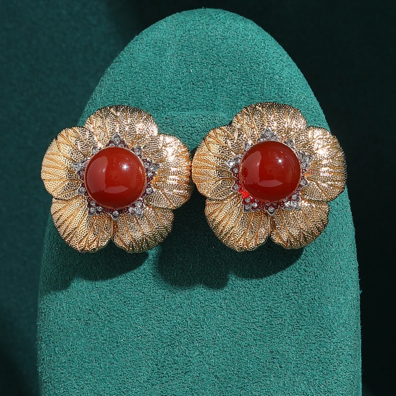 

Vintage Natural Stone Red Sunflower Stud Earring Gold Color for Women 2026 Classic Elegance Mother's Day Gift New Brand Quality