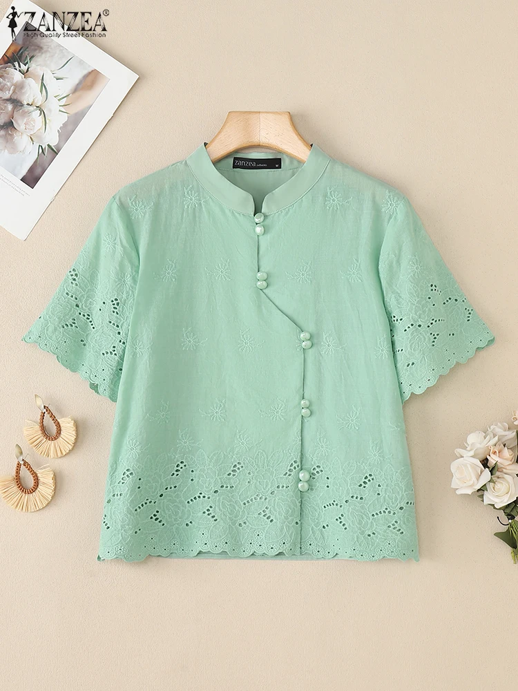 

Summer Office Work Shirt ZANZEA Women Short Sleeve Lace Patchwork Blouse Embroidered Blusas Stylish Hollow Out Holiday Tops 2025