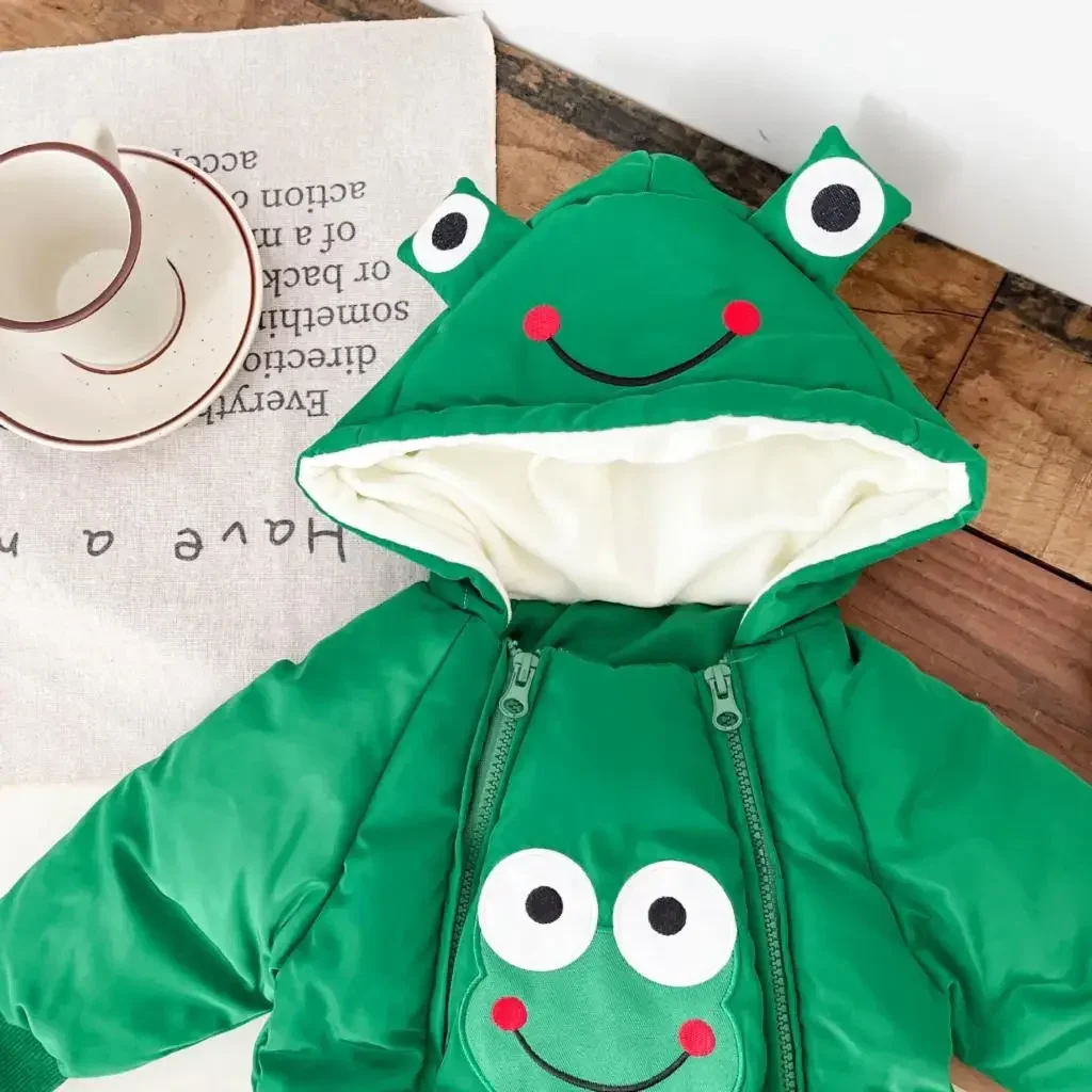 2023 Baby Boys Cotton Padded Jacket Winter Plush Thickened Newborn Boys Quilted Jumpsuit Cartoon Frog Infant Boys Bodysuit