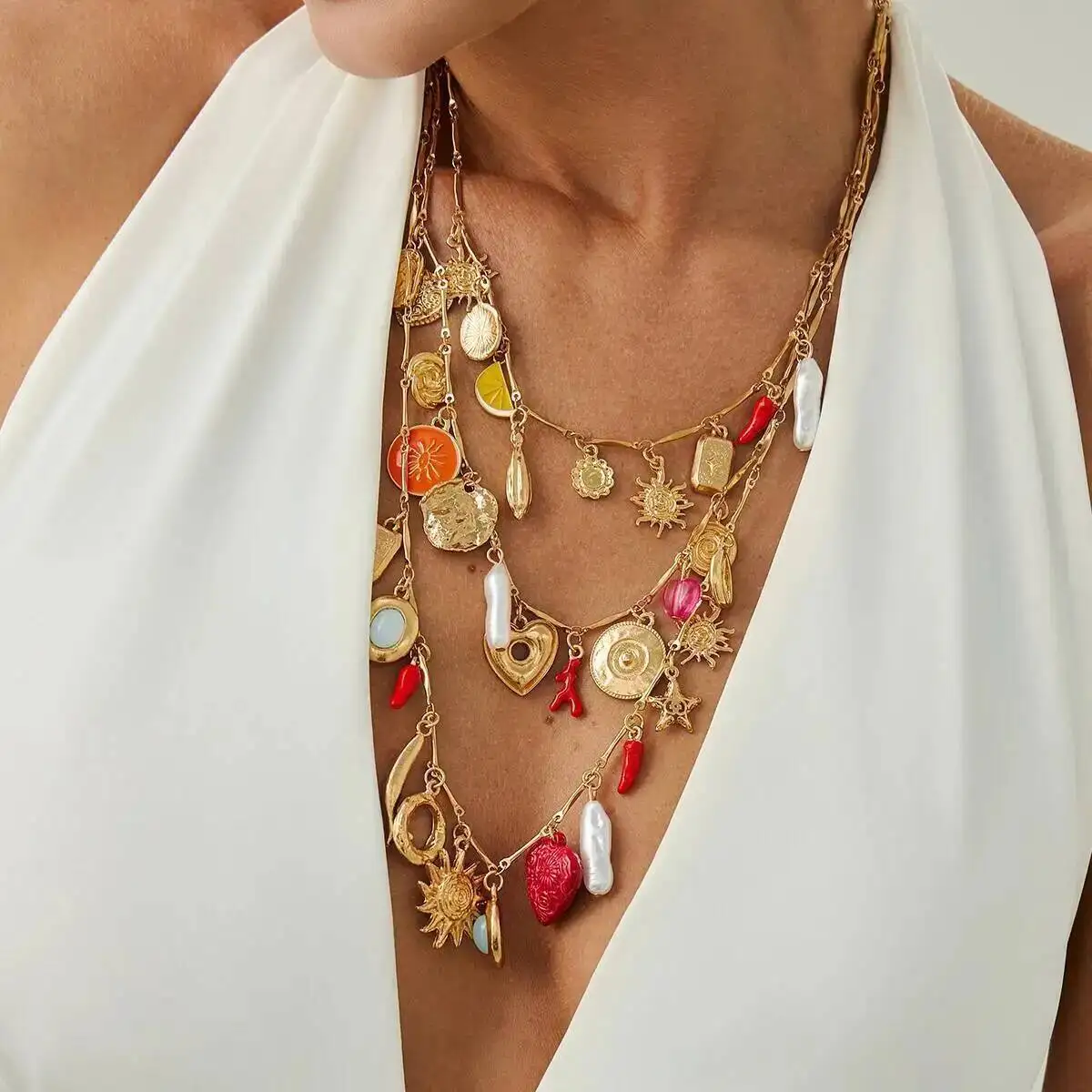 SHIXIN 3 Pcs/Set Creative Multi Sun Love Heart Pendant Tassel Necklace For Women Boho Gold Color Layered Clavicle Choker Jewelry