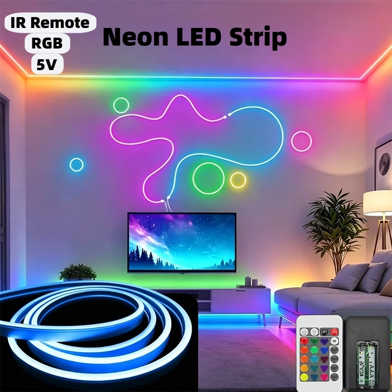 SMD 3535 RGB Neon LED Strip 5V USB Powered, Flexible Colour Changing Rope Lights with IR Remote Control, Cuttable DIY Design for