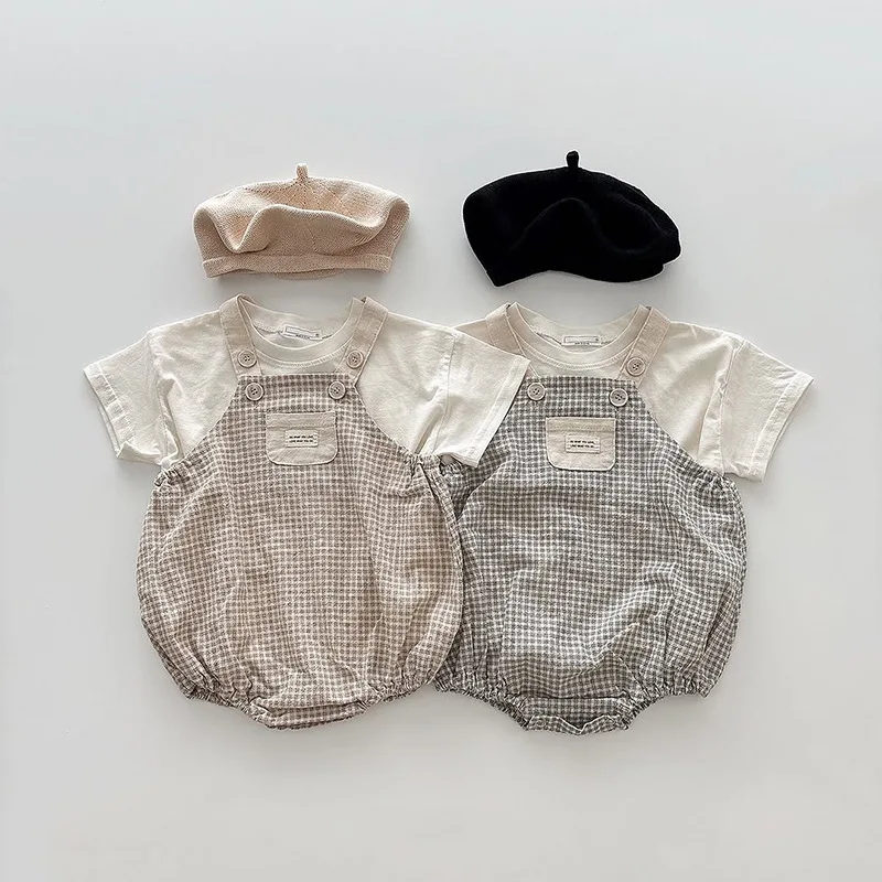 2026 Summer New Baby Short Sleeve Clothes Set Toddler Boy Girl T Shirts + Sleeveless Plaid Bodysuit 2pcs Suit Infant Outfits