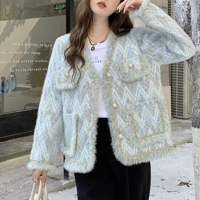

Korean Fashion Autumn Sweaters Coats Women V-Neck Tassel Button Pocket Temperament Fragrant Style Loose Cardigan Knitted Tops