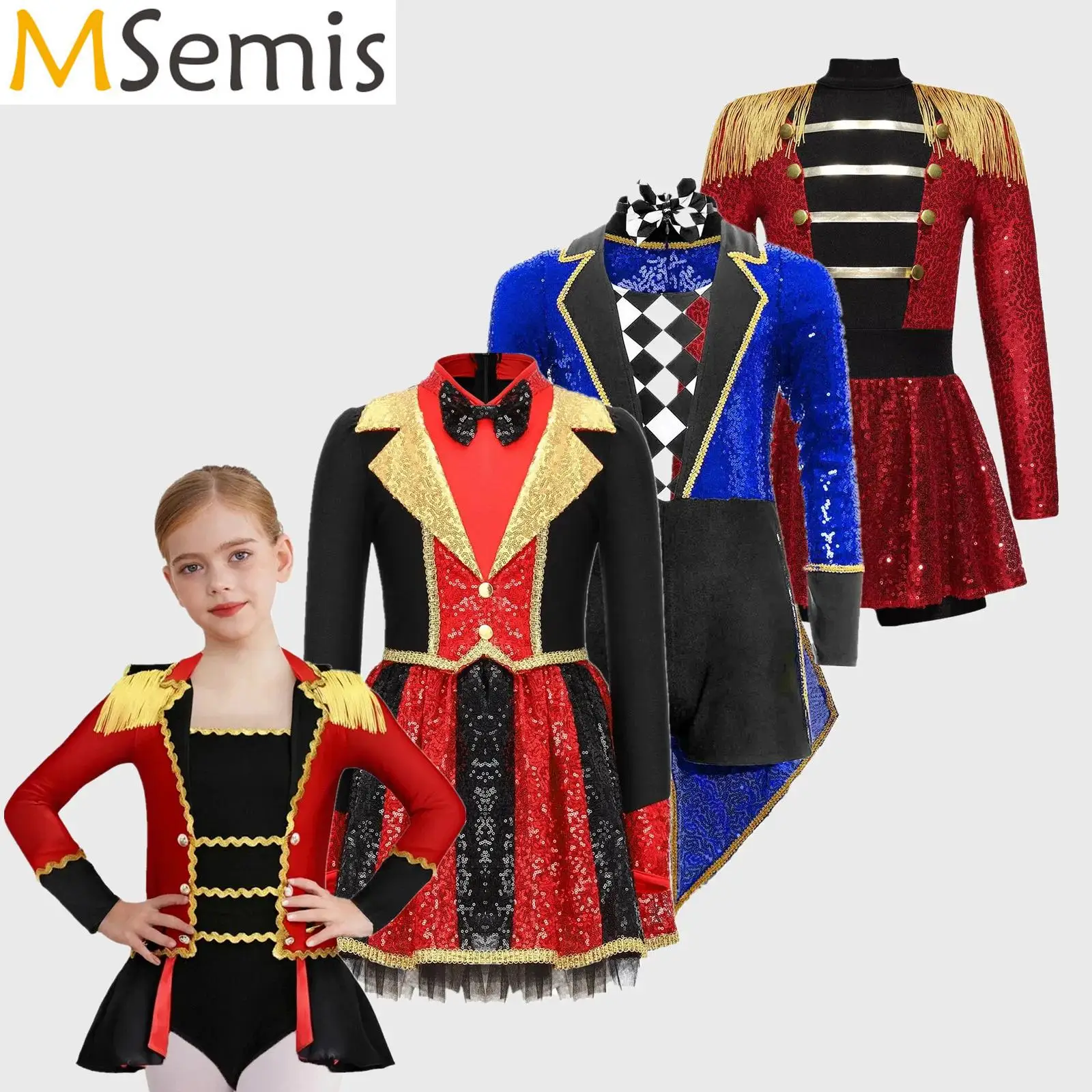 

Girls Circus Ringmaster Costume Fringed Bodysuit Dress Epaulets Tassels Magician Drum Marching Lion Tamer Overlay Jumpsuit