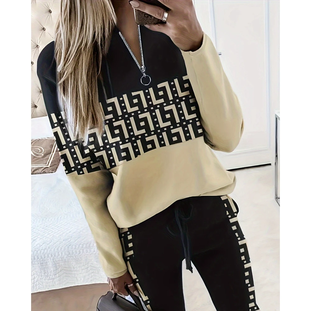 Suits for Women Geometric Print Zipper Front Long Sleeve Top & Pants Set Casual Femme  Work Out 2 Pieces Suits Set Women y2k