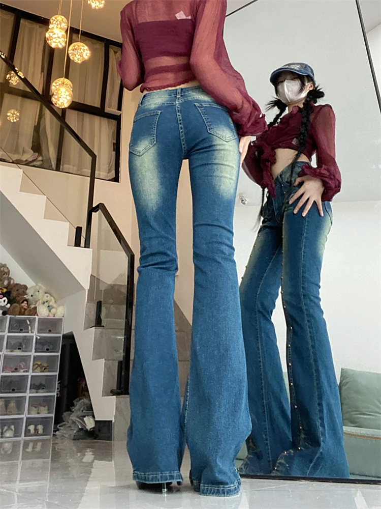 Vintage Wash Rivet Patchwork Jeans High Street Slim-Fit Flare Jeans Casual Denim Pants Streetwear Harajuku Full Length Trousers