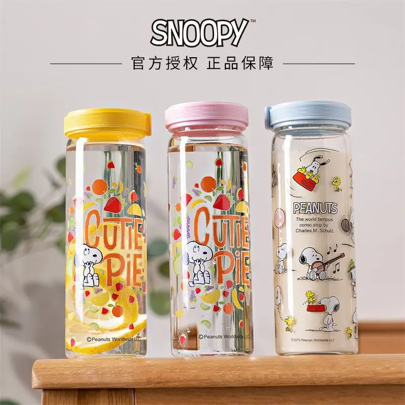 Snoopy Cartoon Glass Water Bottle Transparent Portable Sport Leakproof Drinking Bottles Outdoor Travel Kids Water Bottle Gifts