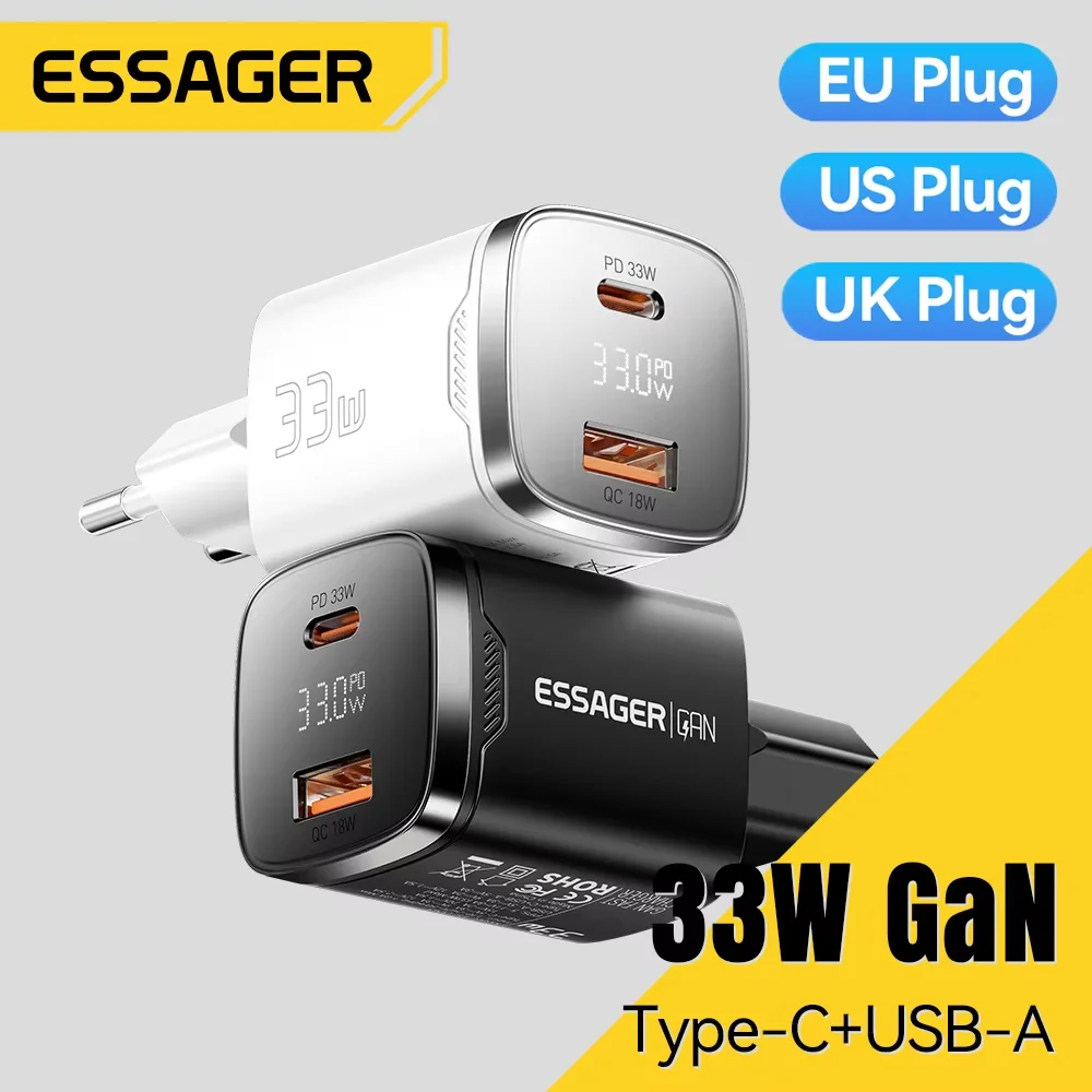 Essager 33W GaN USB Type C Charger Digital Display PD Fast Charging For  iPhone 16 15 14 Pro Max iPad Mini 6 Xiaomi Samsung S22