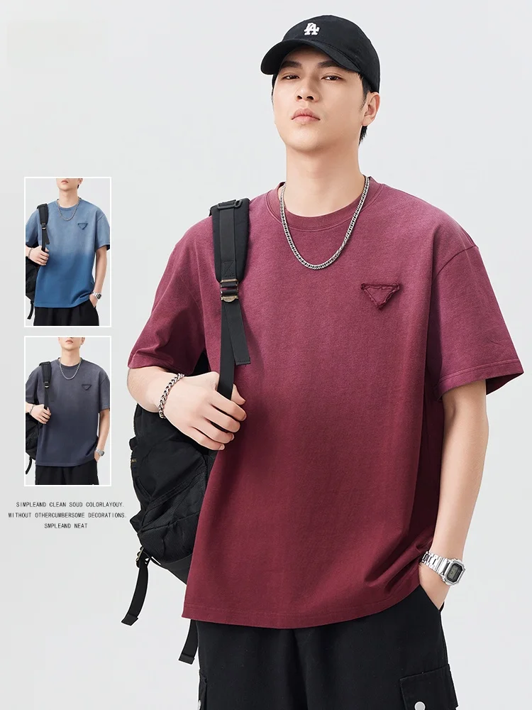 

Мужская футболка American Sle Heavyweight с коротким рукавом, свободного кроя, летняя, модная, брендовая, в стиле ретро, градиентная, из чистого хлопка