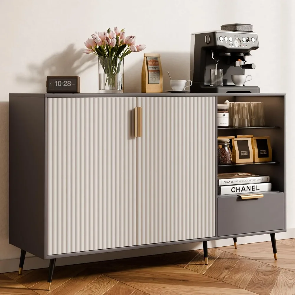 

47" Fluted Sideboard Cabinet with 2 Doors and Drawer, Sideboard Buffet Cabinet with Storage, Coffee Bar with Adjustable Shelves