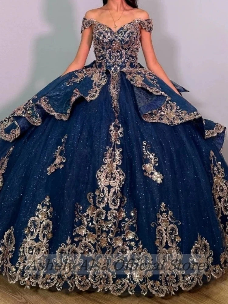 AA83 Customized Navy Blue Shiny Quinceanera Dresses With Appliques Lace Prom Party Gown Sweet 16 Vestido De 15Anos Occasion Wear