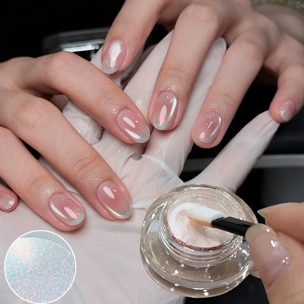 1Jar Sparkling Aurora Pearl Nail Magic Mirror Powder Chrome Sunset Pink Orange Polarized Ultra Fine Chrome Nail Glitter Dust FT3