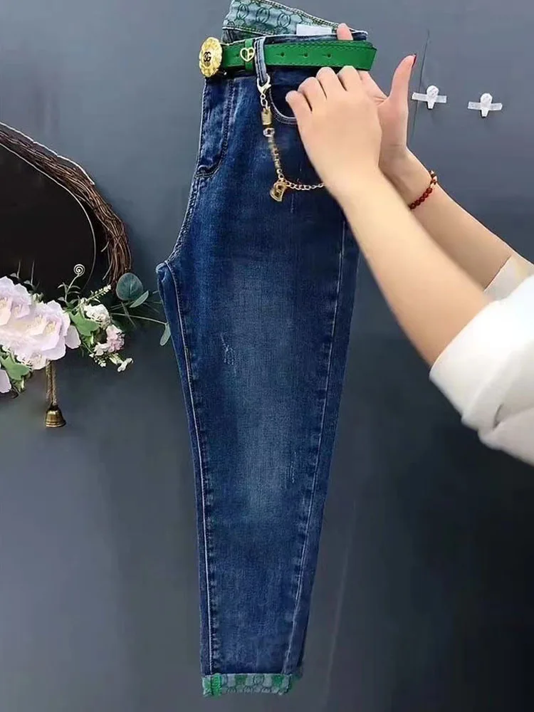 Pantalones vaqueros rectos de cintura alta para mujer, pantalón vaquero Haren elástico, holgado, hasta el tobillo, novedad de primavera y otoño de 2023