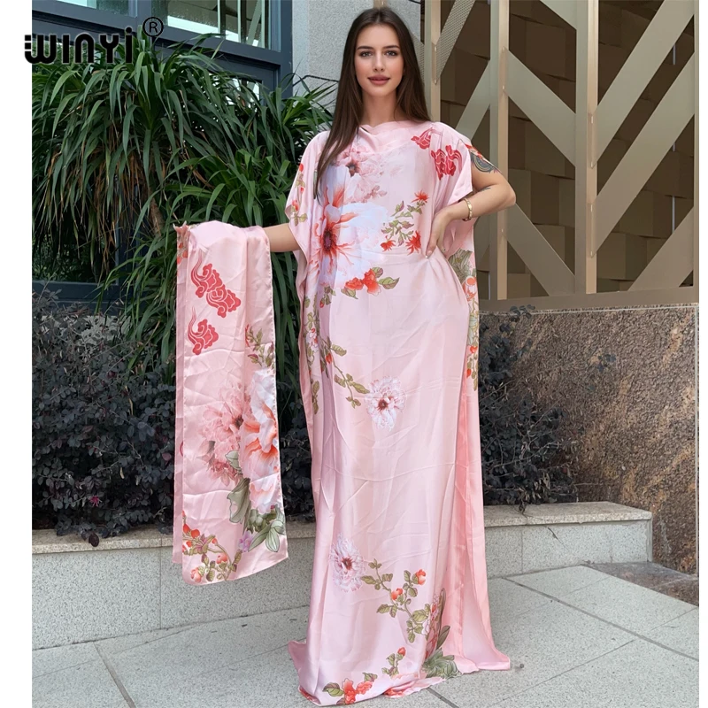 WINYI 2024 New African Women Dashiki boho print muslim woman dubai Free Size Design With Scarf Maxi Loose African Elegant Dress