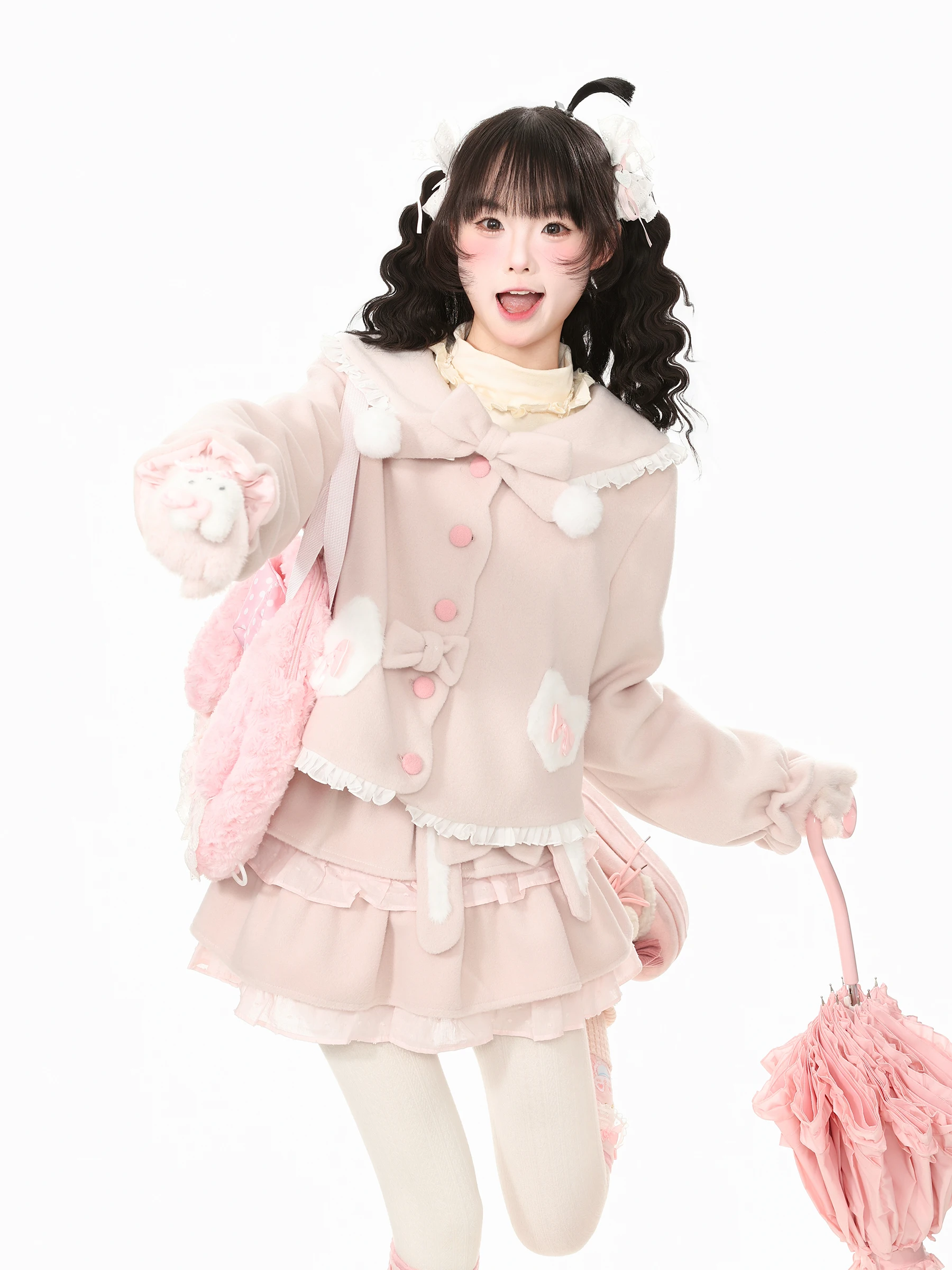 Adorable Blue Ghost Park Languid Park Women's Fashion Set Soft Plush Short Coat And Skirt Two-Piece Suit Autumn Collection