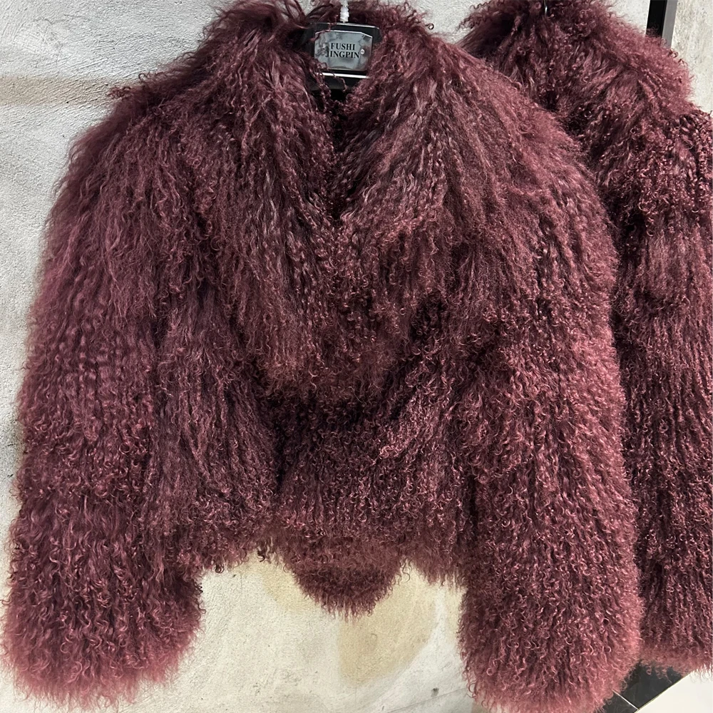 Mongolian Burgundy Sheep Fur Coat Winter Warm Real Fur Cloth 2024 Natural Sheep Fur Clothes