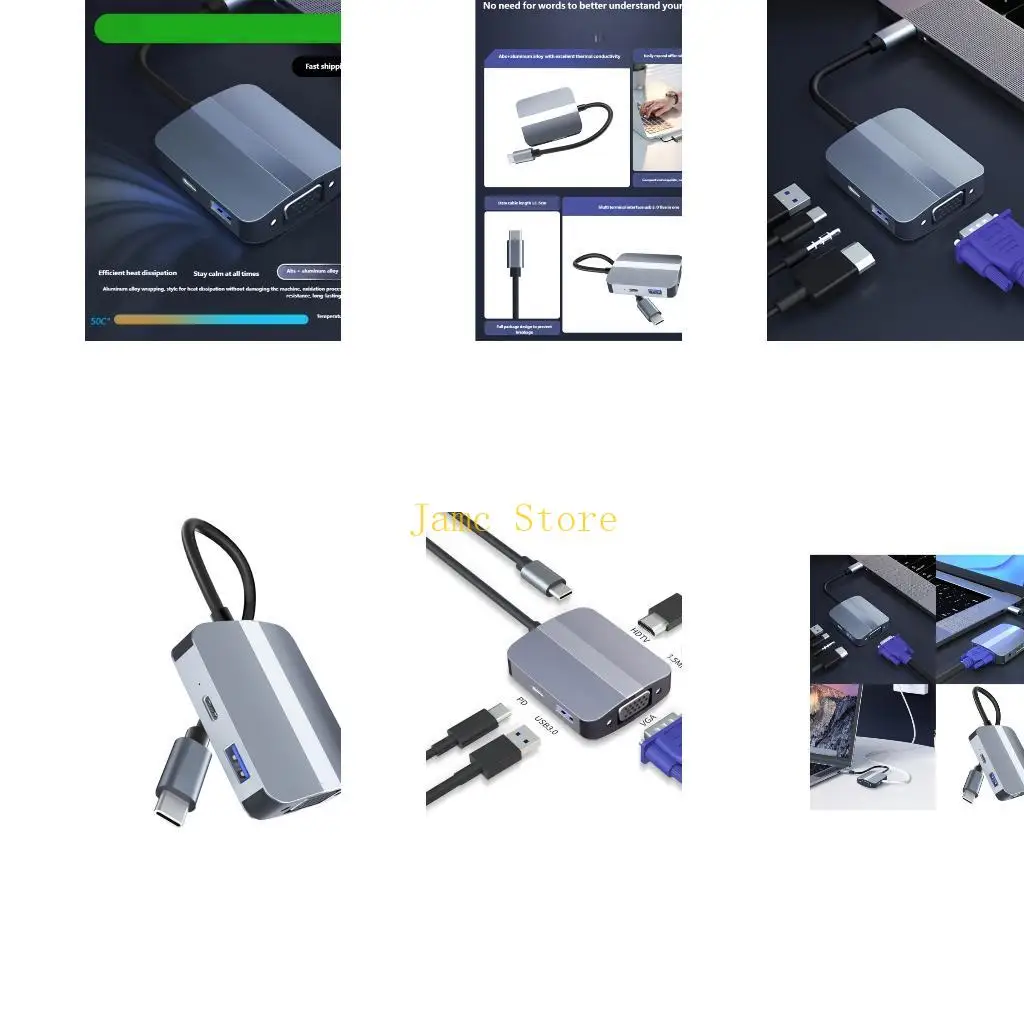 

LX0B USB C Docking Station to HDTV Output VGA USB3.0 Slot 3.5mm USB Splitter Cable for Phone Laptop Accessories