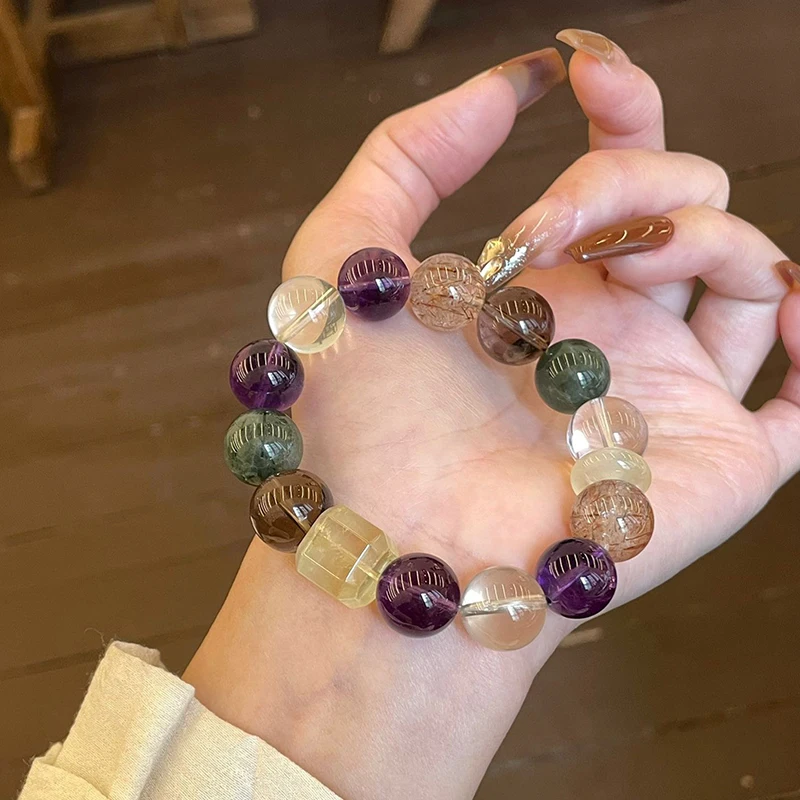 12mm~14mm Natural Thousand Layer Pattern Ghost Crystal Hand String Purple Crystal White Crystal Multi Treasure Style