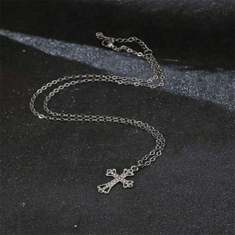 الرجعية القوطية نمط لامعة حجر الراين الصليب سلسلة قلادة للنساء والرجال، للجنسين مجوهرات بسيطة #4