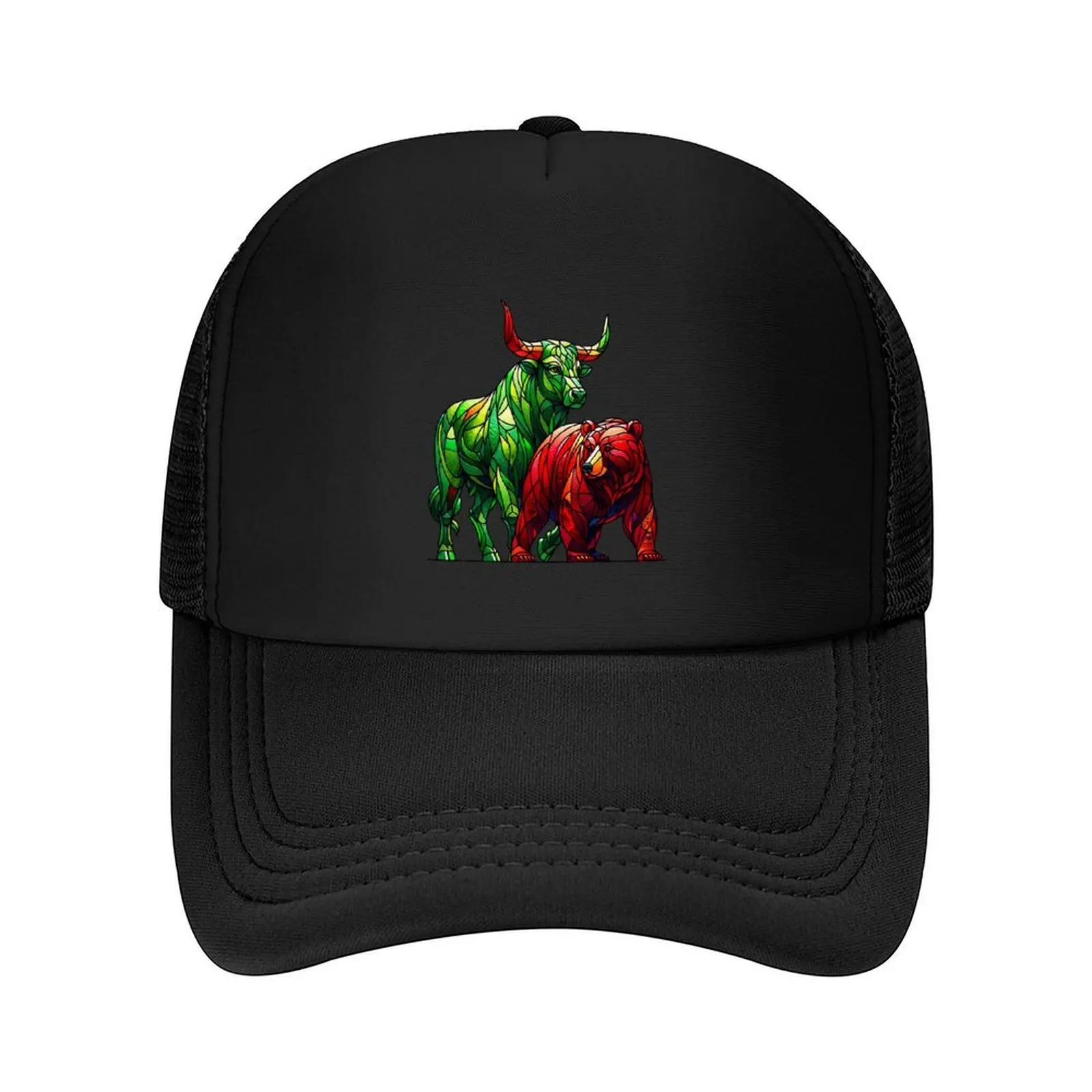 

Stained Glass Green Bull and Red Bear Baseball Cap Snap Back Hat Golf Cap designer cap Military Tactical Man Women's