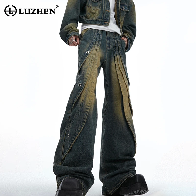 

LUZHEN Stylish Wornout Vintage Washed Design Jeans Men's 2024 Original High Street Wear Personalized Splicing Denim Pants LZ4052