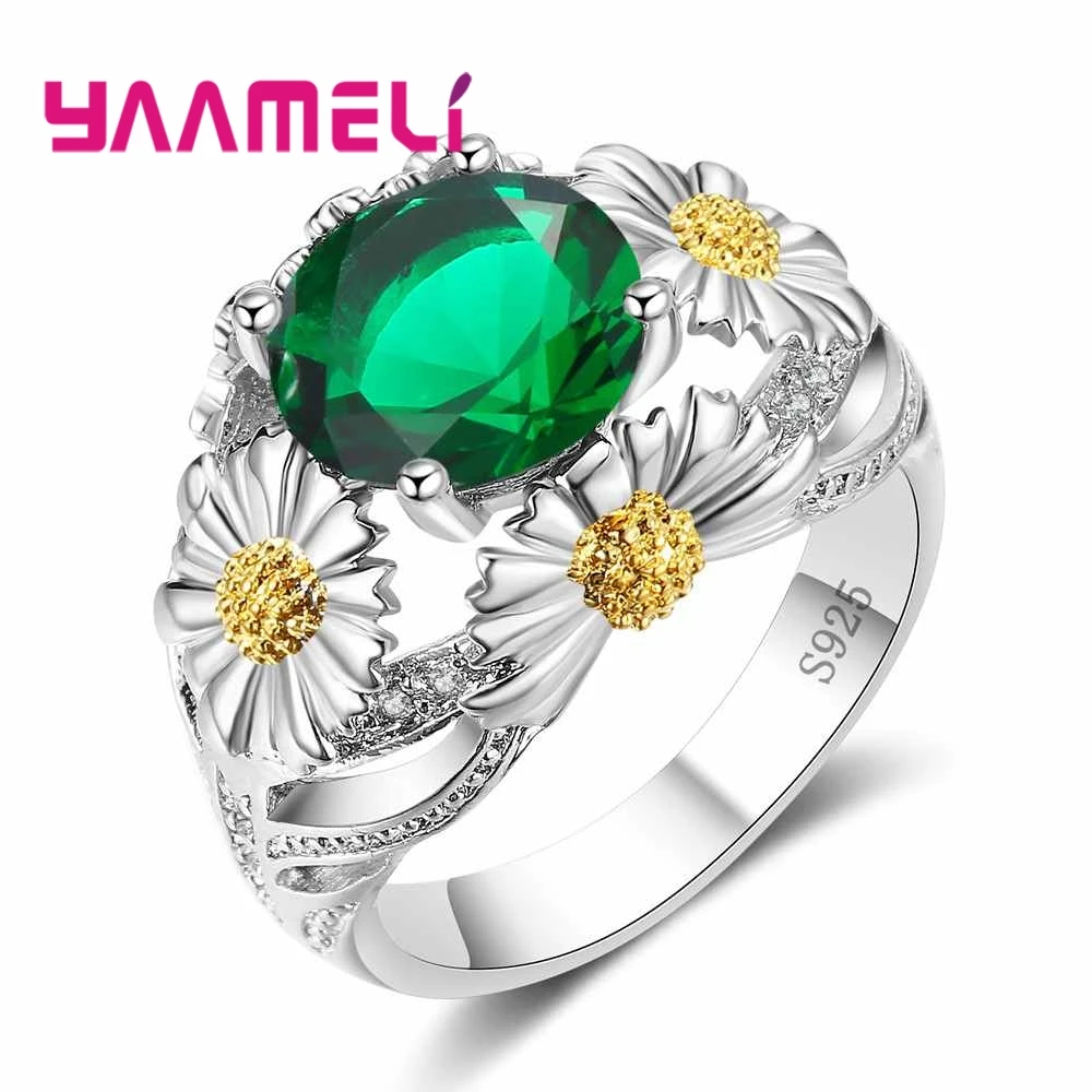 Elegant Fashion Blue/Red/Green Round Flower Stone Crystal Ring For   Women Party Jewelry 925 Sterling Silver Prom Gift