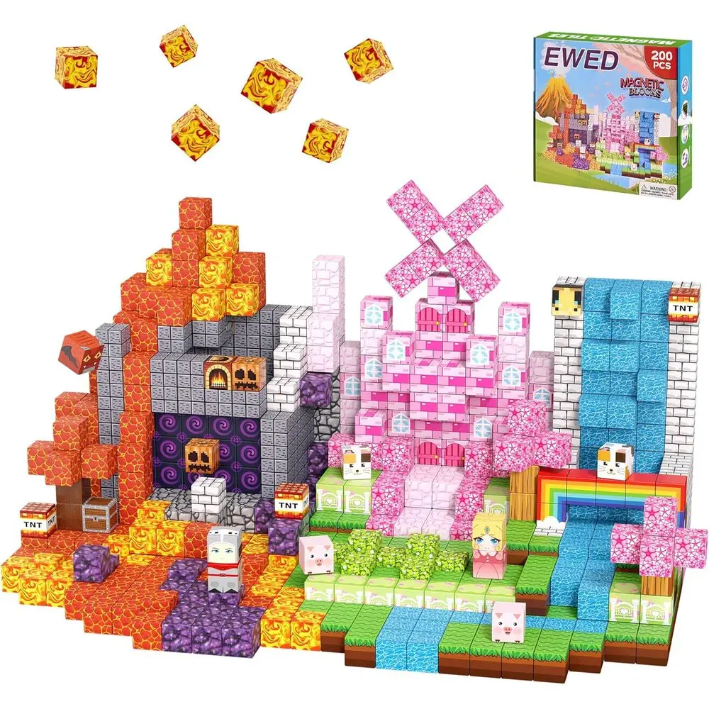 Blocos de construção de haste magnética rosa floresta de 200 peças para crianças de 3 a 12 anos, ideais para crianças e presentes de aniversário