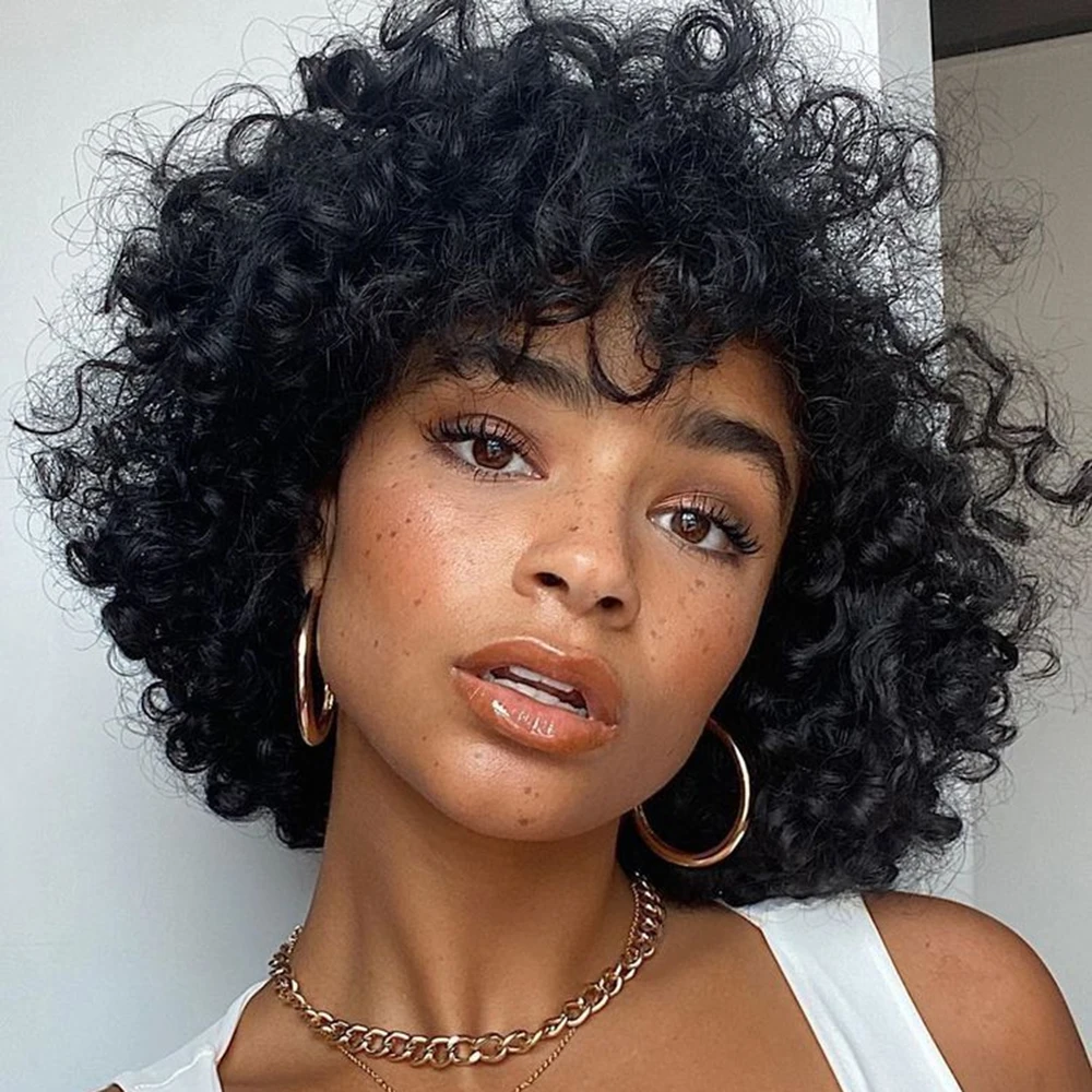 

Натуральные черные кудрявые парики пикси-каре с эффектом объема, парики из человеческих волос пикси-каре, парики из человеческих волос с машинной завивкой 180% объема, Hairugo