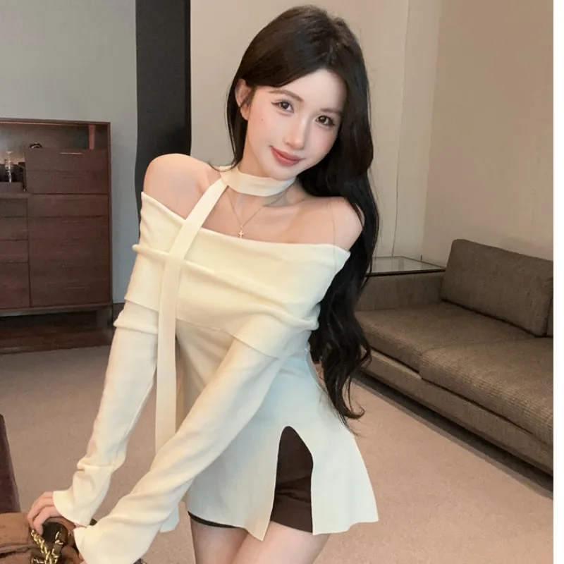 

French Sle Slim Fit Knitted T-irt One oulder High Slit Daily Wear Autumn Winter Long Sve Pure Color No Inner Pad