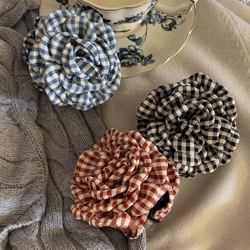 달콤한 절묘한 격자 무늬 꽃 헤어 클립 여자를위한 우아한 유행 상어 클립 여자 간단한 다목적 헤어 액세서리 선물