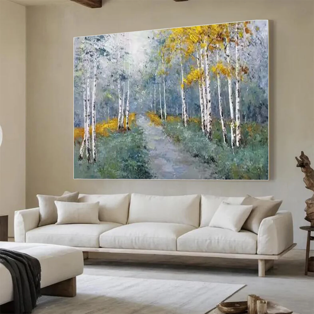 

100% Handmade Abstract Oil Painting Nordic Birch Forest Landscape Wall Art Picture - Living Room Decor Mural ins Fine art pieces