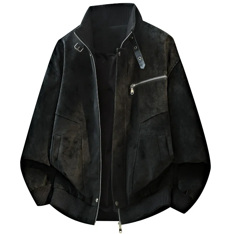 KIDWHXR Autumn Men Jacket Vintage Printed Man Loose Casual Outerwear Stand Collar Long Sleeve Windproof Male Leather Coat