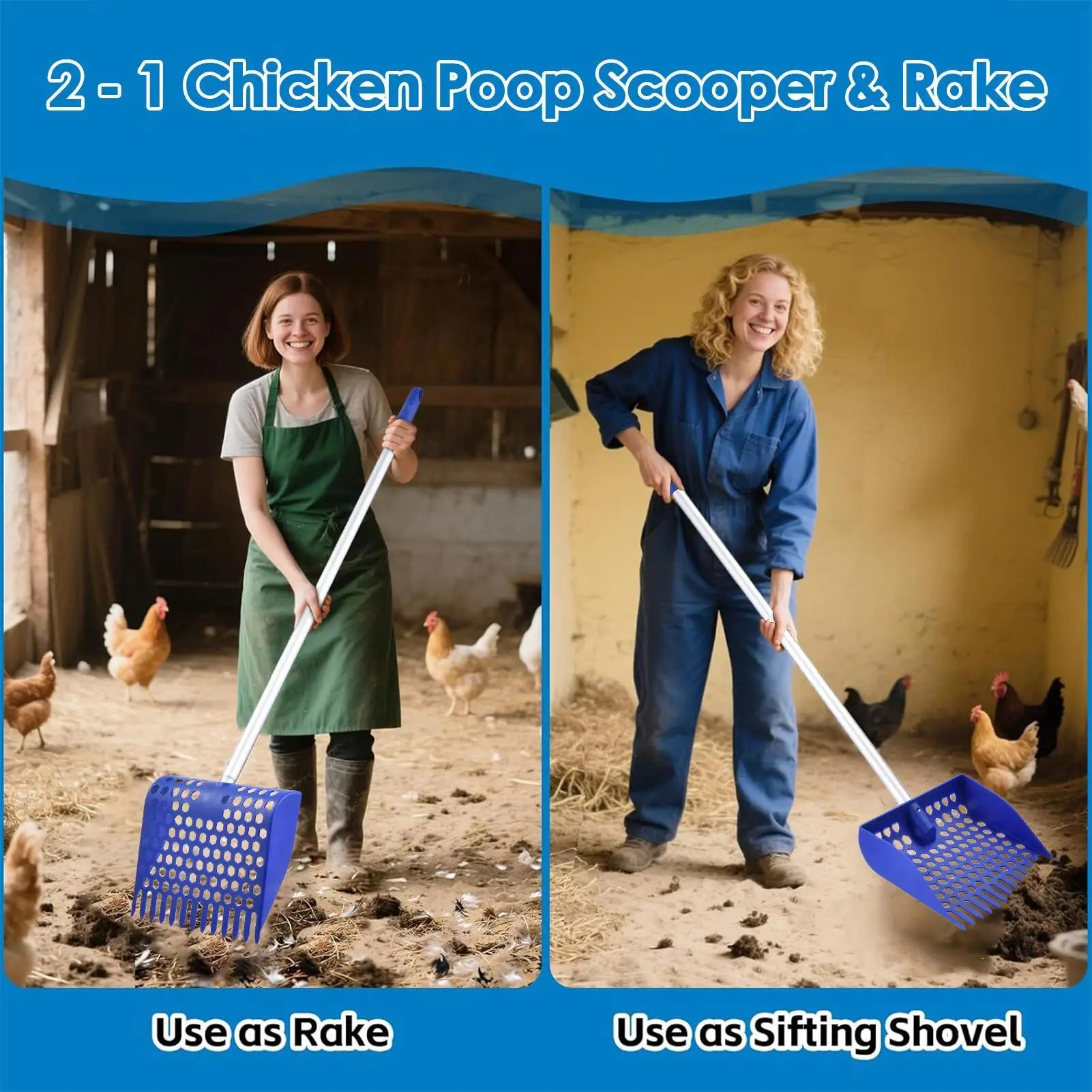 2 in 1 chicken manure shovel rake with detachable handle Chicken Poop Scooper for chicken coop and pet manure cleaning