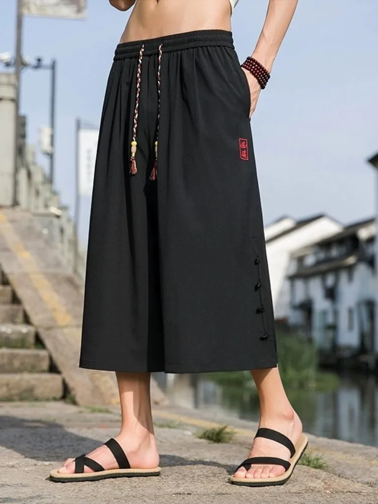 

Мужские летние брюки из ледяного шелка, широкие, тонкие, свободные, прямые, до середины икры, в стиле ретро, на пуговицах, повседневные, молодежные, модные, свободного кроя