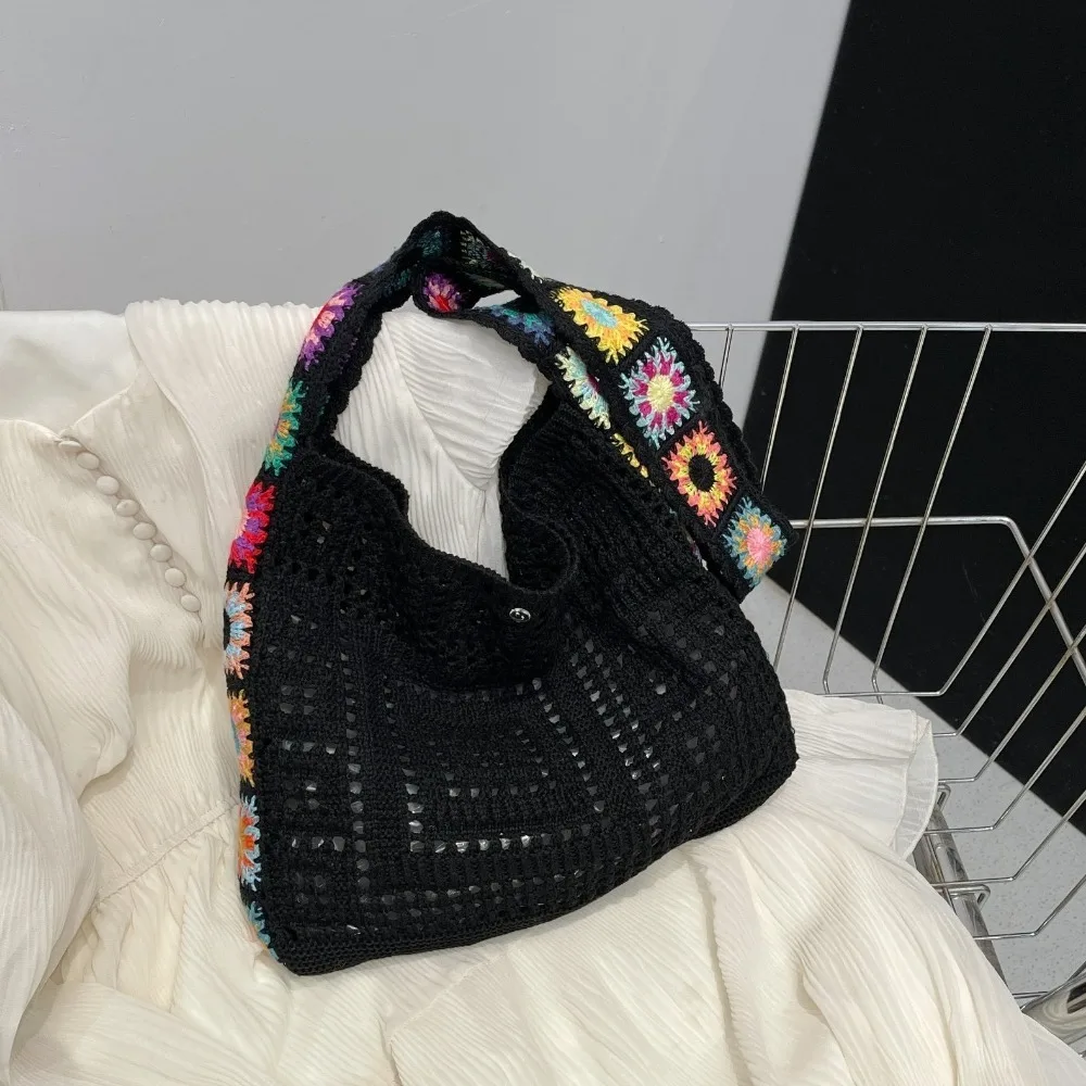 

Fashion Solid Color Knitted Shoulder Bag Bohemian Hollow Crochet Tote Bag Large Capacity Woven Shopping Handbag Beach
