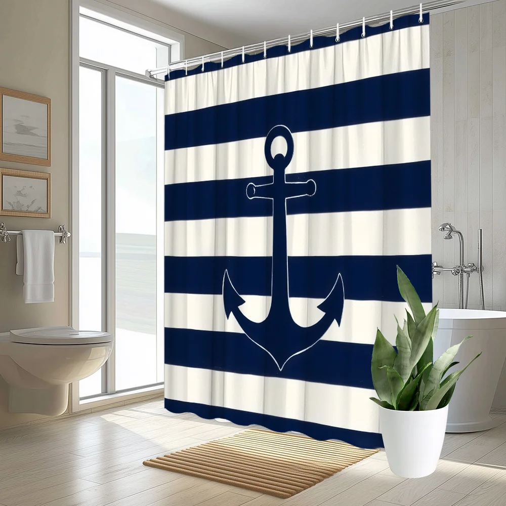 

"Nautical Anchor Striped Waterproof Shower Curtain, Navy Blue and White Design for Coastal Bathroom Decor"