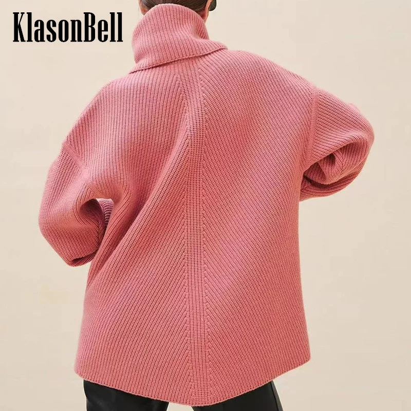 

10.8 KlasonBell-Women Turtleneck Cashmere Knit Keep Warm Sweater Solid Jacquard Asymmetrical Hem Design Loose Jumpers