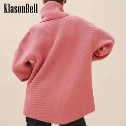 10.8 KlasonBell-Women Turtleneck Cashmere Knit Keep Warm Sweater Solid Jacquard Asymmetrical Hem Design Loose Jumpers