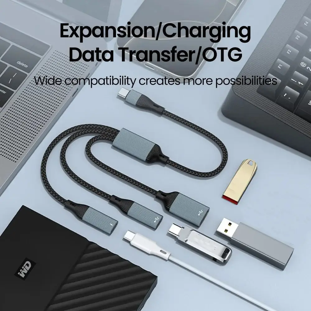 

Aluminum Alloy Shell Multiple Splitter Adapter TPE Plastic Data Transfer OTG Data Transfer Hub Nylon Braided Wire