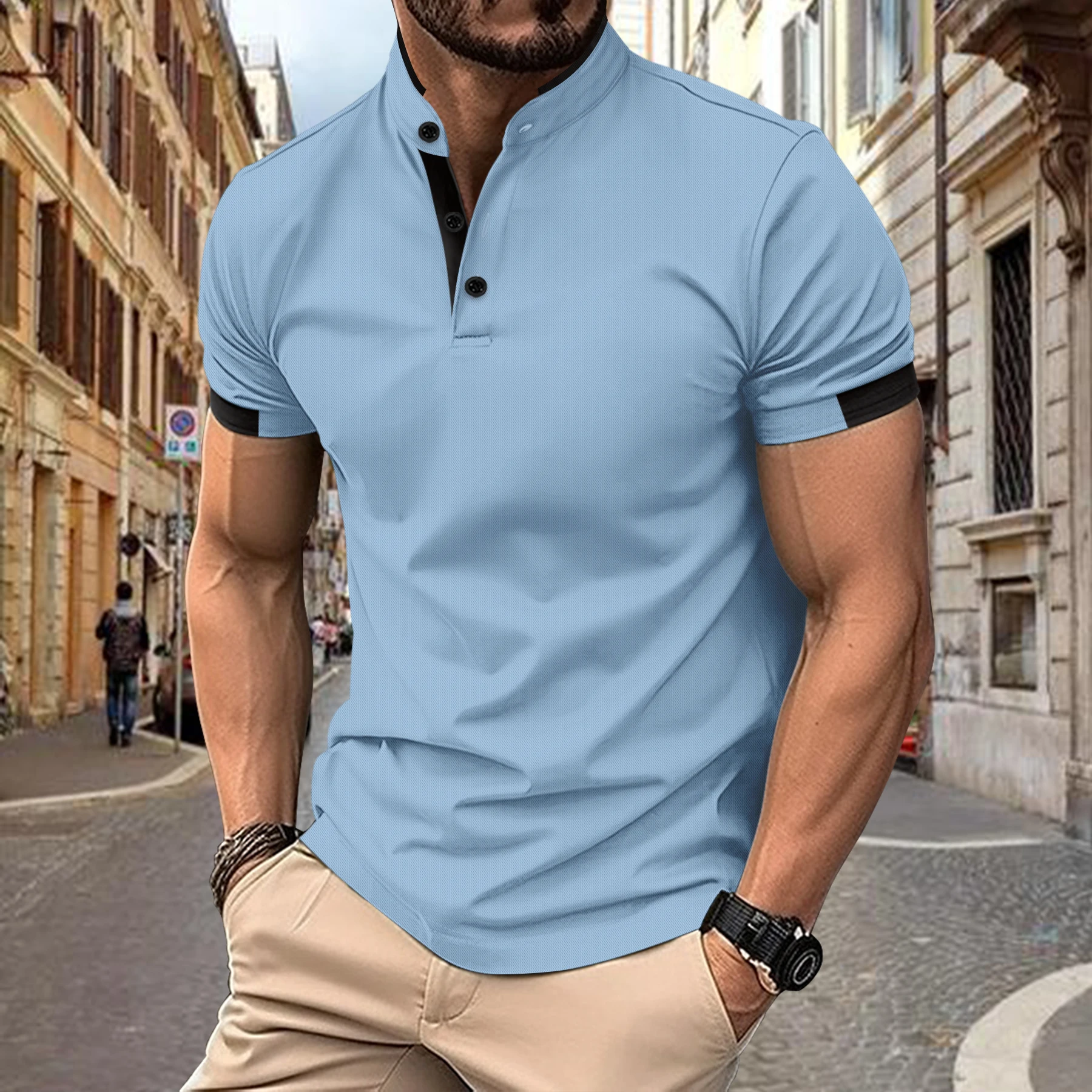 2024 purchase Traveling Men's short sleeve color matching fashion with men's stand collar short sleeve Sports Polo shirt