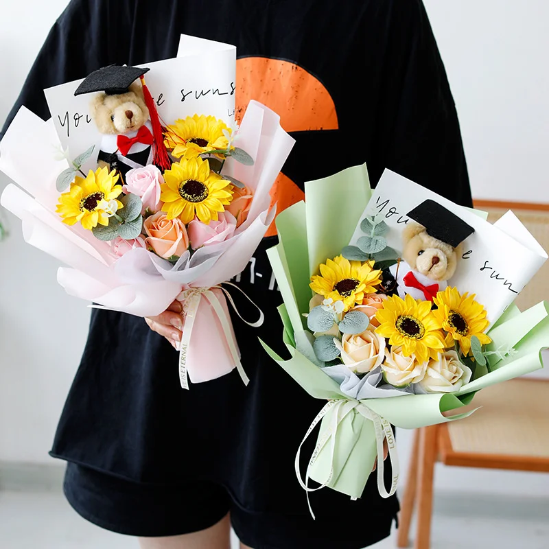 

Graduation Season Sunflower Soap Flower Bear Photo Sun Bouquet Kindergarten Activities Ceremony Dr. Bear Bouquet Tote Bag Light