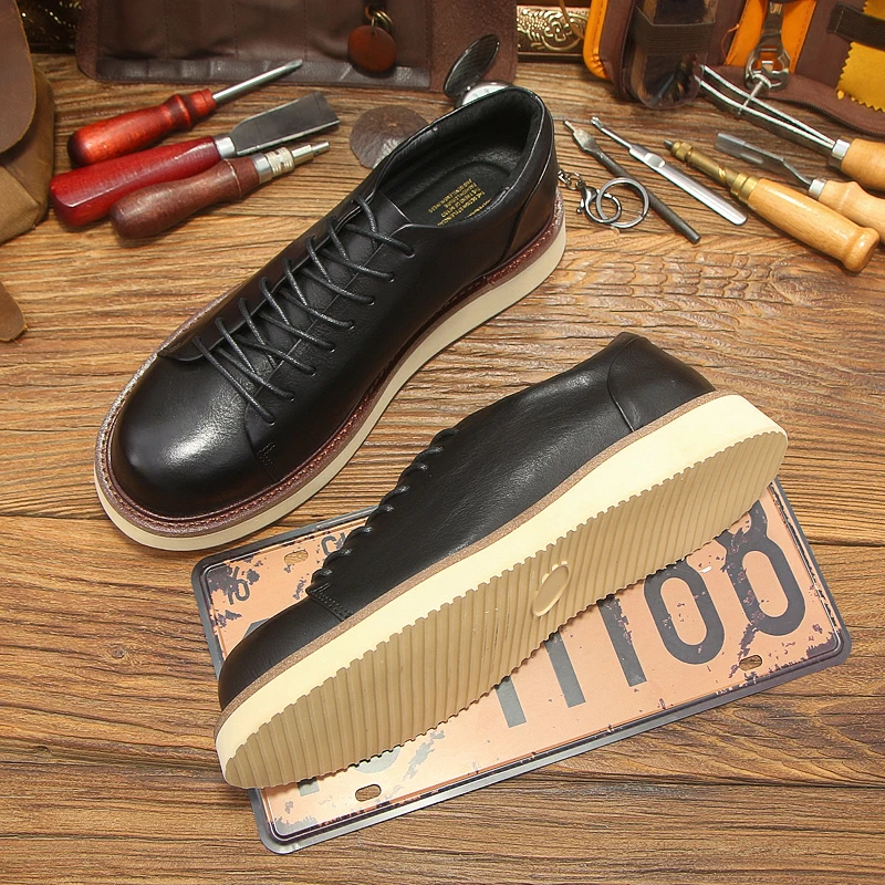 Trendy Short Face Round Toe Retro Men's Work Shoes Casual Young Man Full Grain Leather Easy Match Oxfords Boys Students